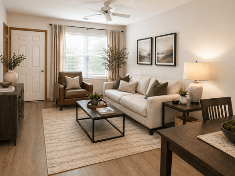 A living room with a white couch, a brown chair, and a coffee table.