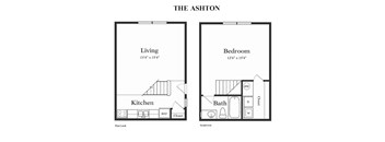 A floor plan for a two-story apartment with a living room, kitchen on first floor and bedroom and bathroom on second floor