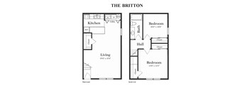 A floor plan of a two-level apartment with a living room and kitchen on the first floor and bedrooms, hall and bathroom on the second floor.
