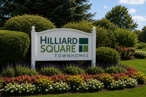 A sign for Hilliard Square Townhomes is surrounded by flowers and greenery.