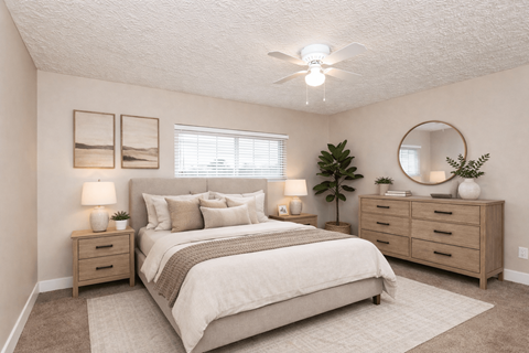 A bedroom with a bed, nightstands, and a plant.