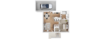 A top-down view of a house layout with a car parked outside.