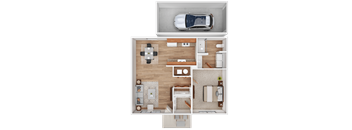A top-down view of a house layout with a car parked outside.