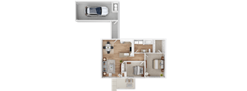A floor plan of a house with a garage and a car.