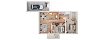A floor plan of a house with a garage and a car.
