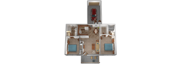 A dollhouse with a red car and a blue bathtub.