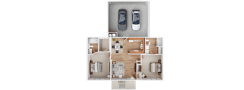 A top-down view of a house layout with two bedrooms, a living room, a kitchen, and a bathroom.