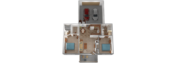 A 3D image of a house layout with a garage, living room, kitchen, and two bedrooms.