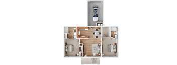 A top-down view of a house layout with a garage, living room, kitchen, and two bedrooms.