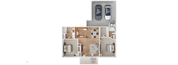 A top-down view of a house layout with two bedrooms, a living room, a kitchen, and a garage.