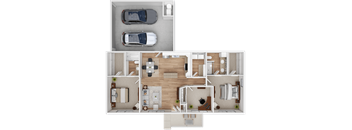 A floor plan of a house with two bedrooms, a living room, a kitchen, and a garage.