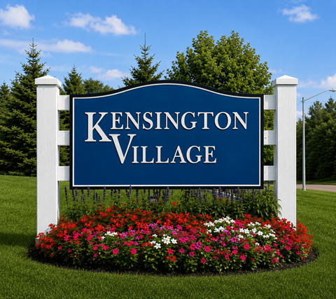 A blue sign that says Kensington Village in white letters.