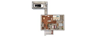 A top down view of a house with a garage and a car.
