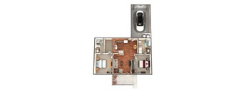 A floor plan of a small apartment with a kitchen, living room, and bathroom.