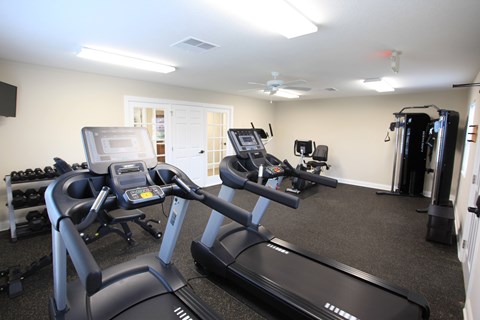 A gym with treadmills and elliptical machines.