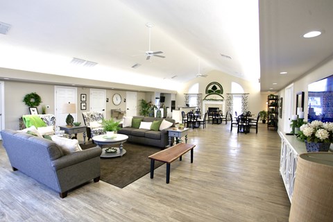 A living room with a grey couch and a wooden coffee table.