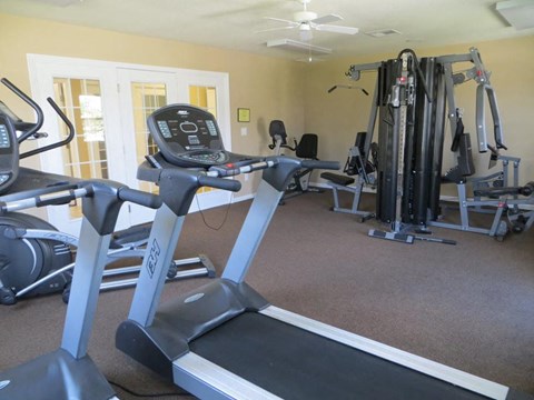 A home gym with treadmills and other exercise equipment.