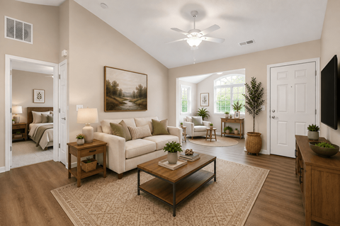 A living room with a white couch, a coffee table, and a painting on the wall.