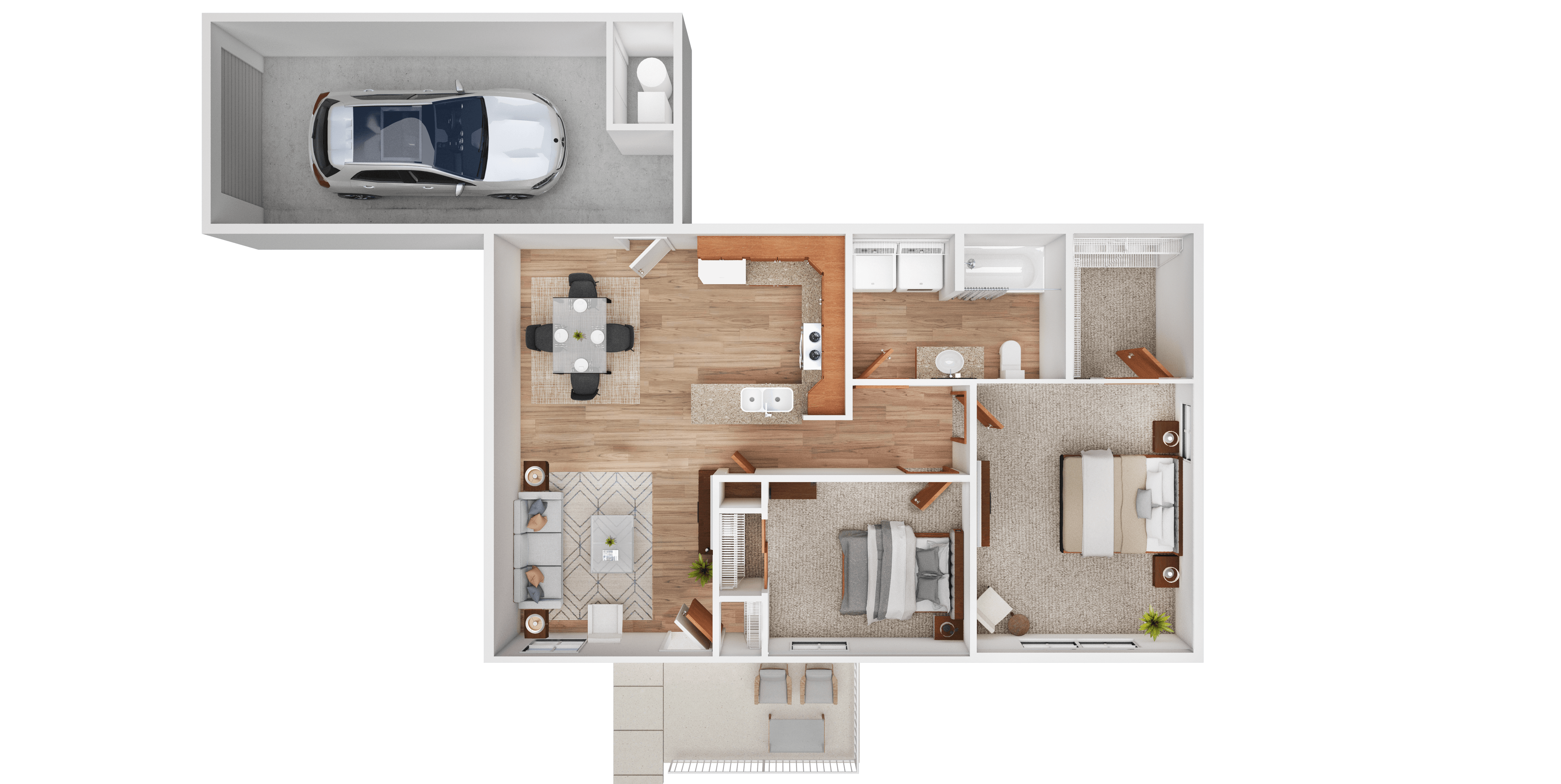 A floor plan of a house with a garage and a car.