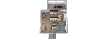 A floor plan of a house with a kitchen, living room, and two bedrooms.