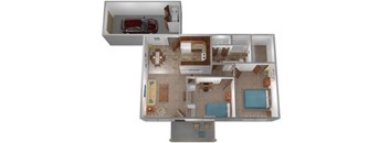 A 3D floor plan of a house with a garage.