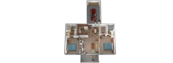 A floor plan of a house with a red door.
