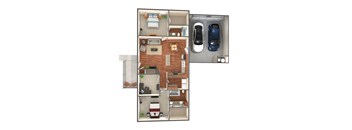 A floor plan of a house with a kitchen, living room, bedrooms and garage.