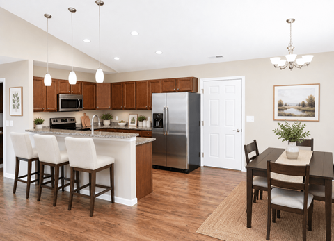 A kitchen with brown cabinets and a black refrigerator.
