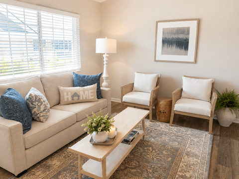 A living room with a beige couch, two chairs, a coffee table, and a rug.