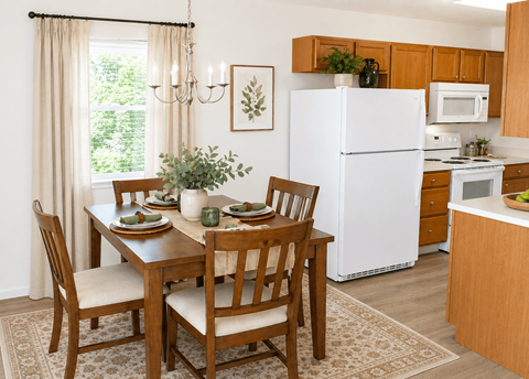 A kitchen with a table set for two with a white fridge in the background.
