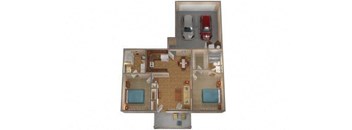A dollhouse with a red car and a grey car.