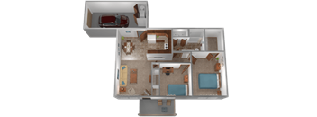 A 3D image of a house layout with a car parked outside.