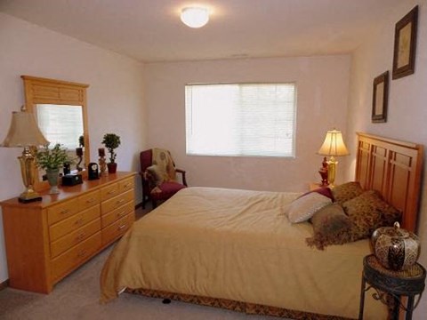 A bedroom with a bed, nightstand, and a dresser with a lamp on top.