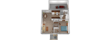 A 3D floor plan of a house with a kitchen, living room, and two bedrooms.