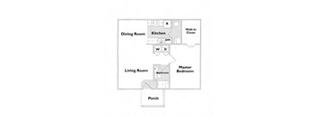 A floor plan of a house with a living room, dining room, kitchen, porch, and two bedrooms.
