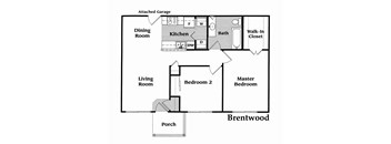 A floor plan of a Brentwood home with a living room, two bedrooms, a kitchen, a bath, and a walk-in closet.