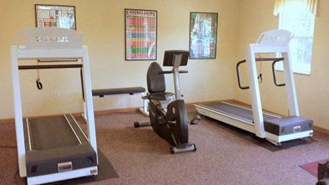 A room with a treadmill, a stationary bike and a rowing machine.