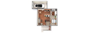 A top-down view of a car and a house layout.