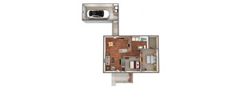 A top-down view of a small apartment with a kitchen, living room, and bedroom.