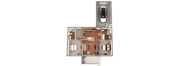 A top down view of a car and a house layout.