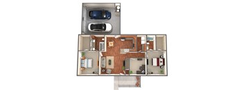 A top-down view of a house layout with a car parked in the driveway.