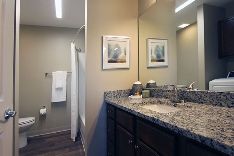 A bathroom with a granite counter top and a toilet.
