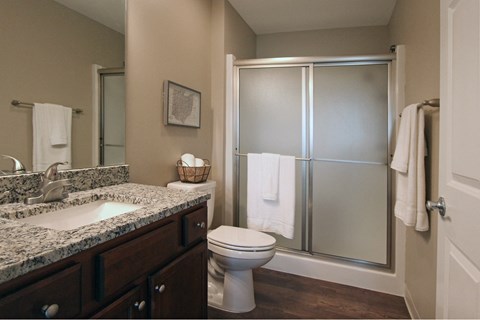 A bathroom with a toilet, sink, and shower.