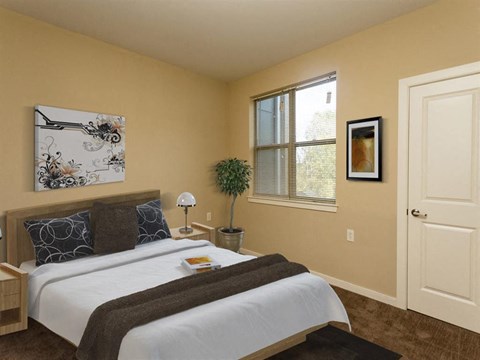 a bedroom with a bed and a window