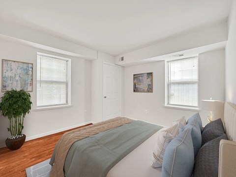 A bedroom with a bed, pillows, and a potted plant.