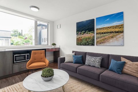 A living room with a grey couch, orange chair, and a table with a plant on it.