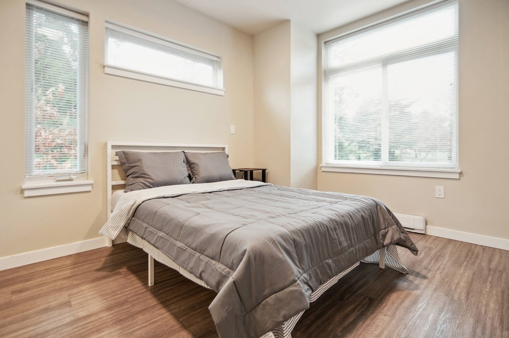 A bedroom with a large bed and two windows.