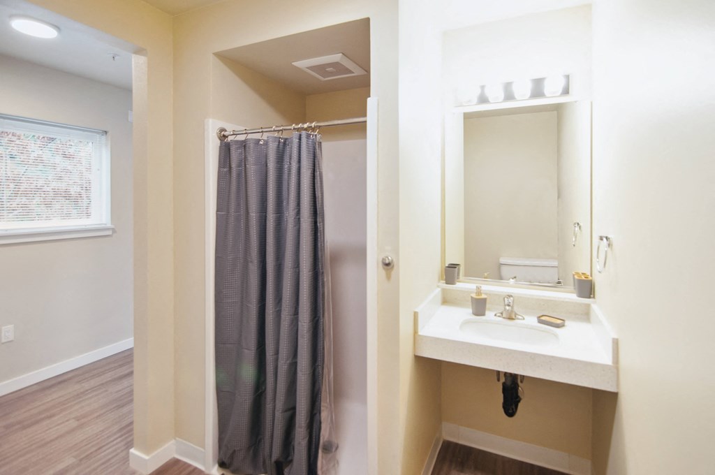 A bathroom with a white sink and a shower with a grey curtain.