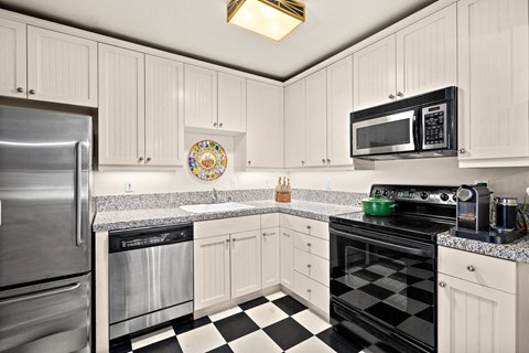 a kitchen with stainless steel appliances and checkered floors