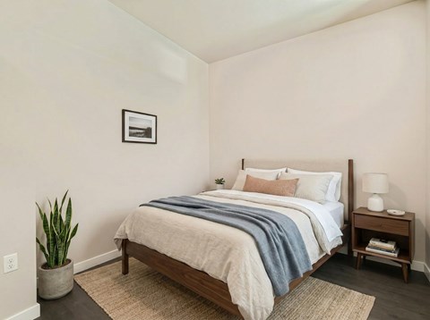 Staged bedroom with a wood-frame bed, nightstand with lamp, snake plant, and area rug on dark flooring at 306 Queen Anne.